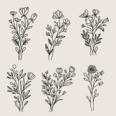 Minimalist hand drawn botanical lineart set, tiny flower tattoo design, floral element ilustration, suitable for wedding invitation, label, and manymore
