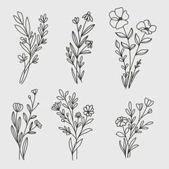 Minimalist hand drawn botanical lineart set, tiny flower tattoo design, floral element ilustration