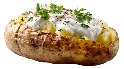 Baked potato with herbs and sour cream, isolated on Transparent background