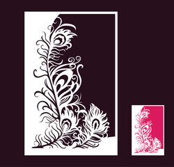 Paper cut out panel for greeting card, invitations with openwork feathers