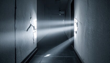Illuminated Passage: Mysterious corridor scene, sunlight streams through cracks, enhancing the sense of discovery and mystery. 