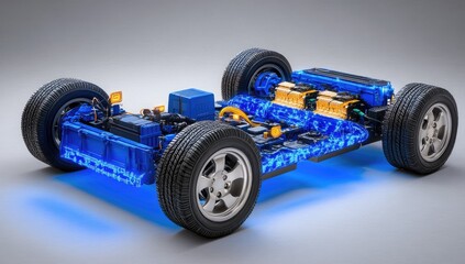 Electric vehicle chassis with internal components highlighted in blue light.  Battery pack, engine, and wiring are visible beneath the car body