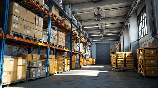 A spacious warehouse filled with neatly stacked boxes and pallets, showcasing organized storage