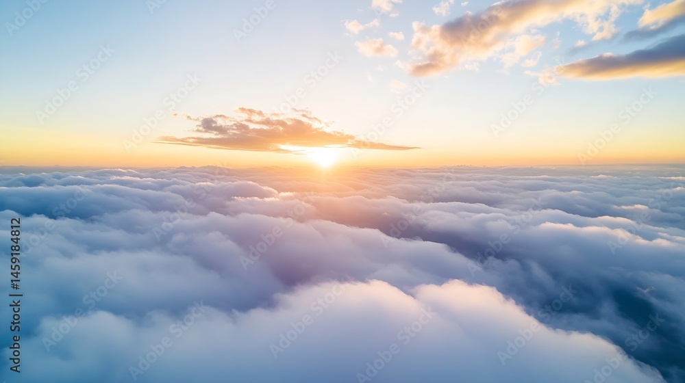 Aufkleber Aerial view of a breathtaking sunset over a boundless sea of clouds, showcasing the warm golden hues of the sun's rays filtering through fluffy cumulus clouds. : Generative AI