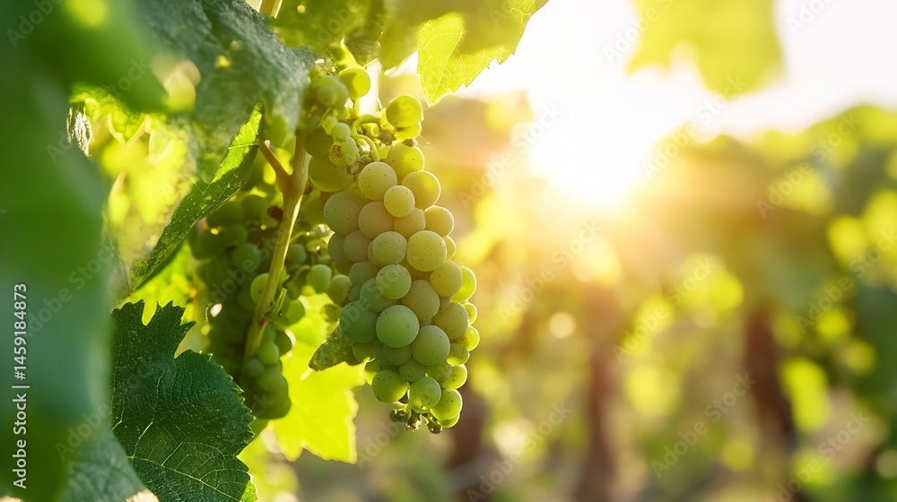 Poster a cluster of green grapes hangs from a vine, bathed in the warm golden light of the setting sun. sun