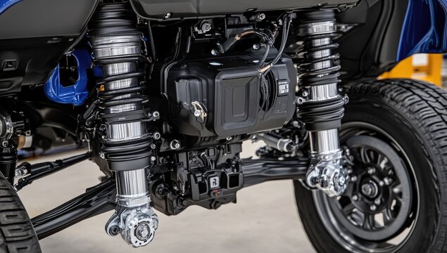 Close-up of a vehicle's undercarriage, showcasing suspension components, engine bay, and large tires.  Detailed view of shocks, control arms, and engine compartment