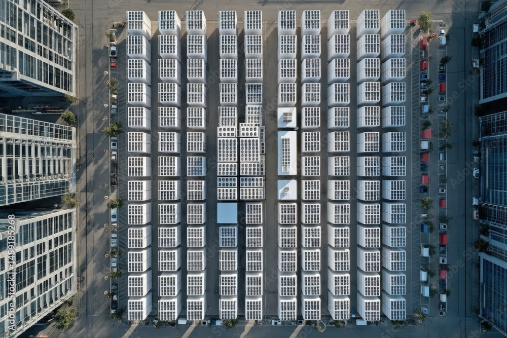 Poster aerial view of modern buildings with repetitive grid architecture, creating a geometric and symmetri