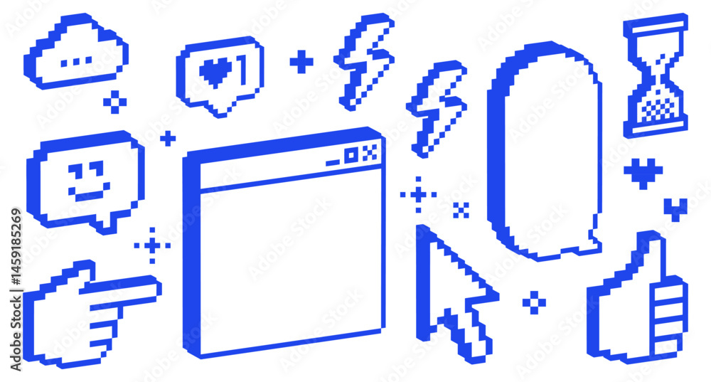Poster y2k inspired trendy collage stickers. window frame, speech bubble, smile face. 3d pixel art element 