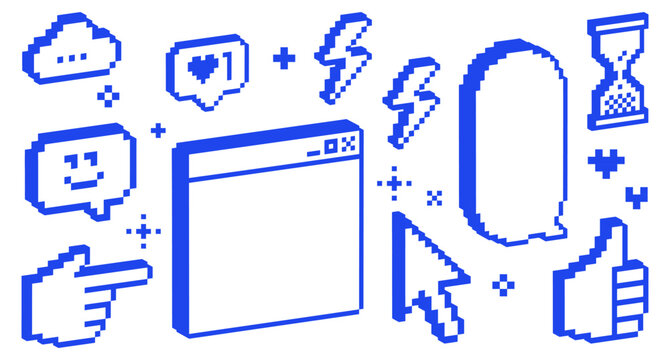 Y2k inspired trendy collage stickers. Window frame, speech bubble, smile face. 3D pixel art element set on white. Mood of 90's. 8bit retro style vector illustration. Digital shape. Game abstract icons