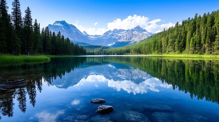 Serene mountain lake reflecting a stunning sky and snow-capped peaks, surrounded by lush evergreen forest.  A tranquil scene perfect for nature lovers and travel enthusiasts. : Generative AI