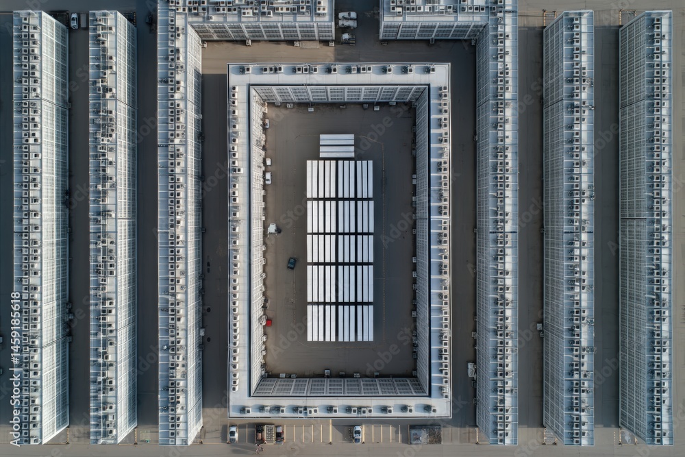Poster aerial view of a modern, symmetrical building complex with a central courtyard and structured layout