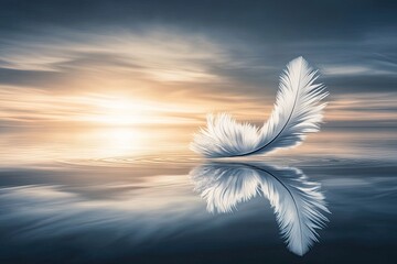 Obraz premium Serene feather reflected on tranquil water at sunset. Soft, white feather rests on still water, mirroring perfectly. Golden sun bursts through clouds