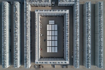 Aerial view of a modern, symmetrical building complex with a central courtyard and structured layout.