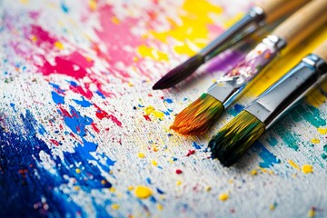 Fototapeta premium Colorful paint splatters and art brushes on a canvas surface.