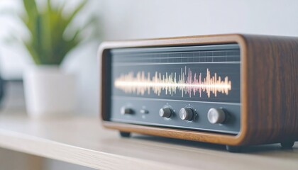 Fototapeta premium Vintage Wooden Radio Displaying Sound Waves Retro Audio Technology Image