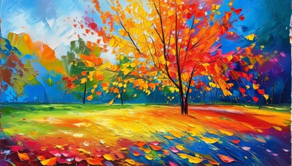Vibrant Autumn Tree Painting Colorful Fall Landscape Artwork