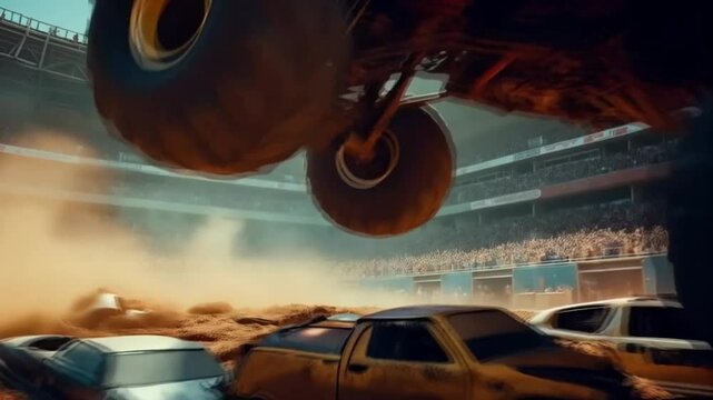 Monster truck in the air, surrounded by cars and spectators. Smooth repeating motion for background video animation.