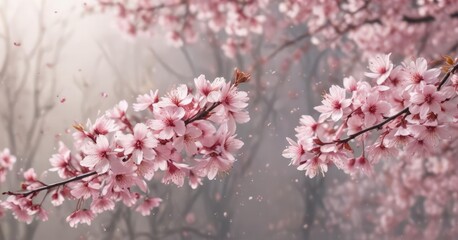 Delicate pink sakura petals drift on gentle spring breeze, soft focus background ,  freshness,  texture