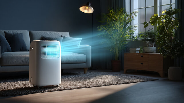 Modern portable air conditioner with cool fresh blue moving stream in living room. Summer cooling system installation. Ventilation system. Energy efficient climate