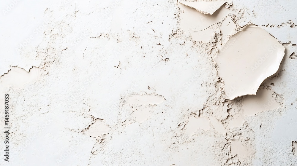 Poster close-up view of a weathered, off-white painted wall surface showing significant cracking and peelin