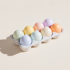 Colorful Pastel Eggs in Carton on Neutral Background for Spring Theme
