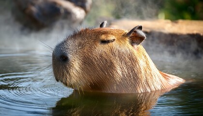 Capybara Relaxing in Hot Spring with Closed Eyes, Cute Wildlife Moment / 温泉に入って目を閉じるカピバラ、かわいい野生動物の瞬間