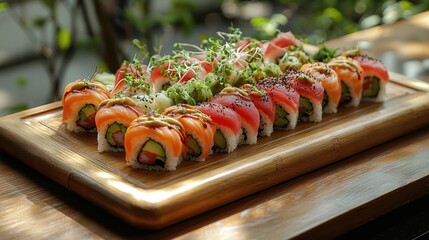 A vibrant arrangement of sushi rolls with salmon, tuna, and avocado, on a wooden serving board.