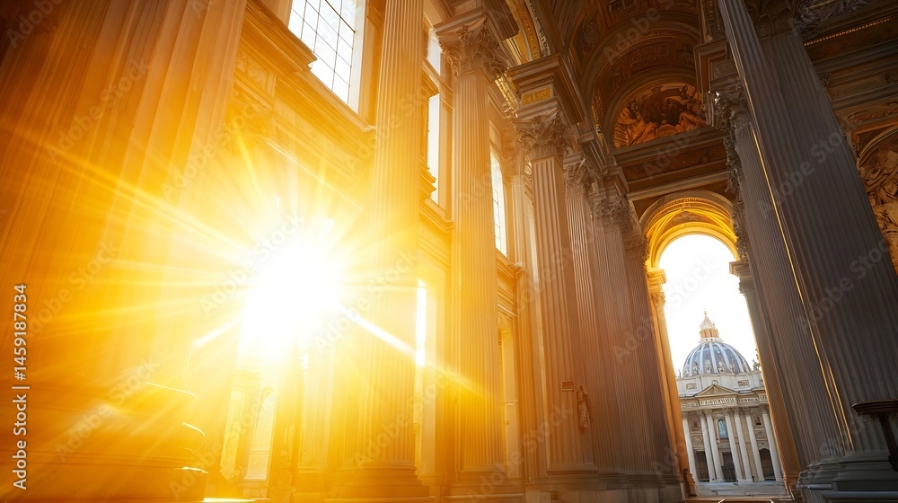 Aufkleber Sunbeams illuminate the majestic columns and architecture of a grand basilica, leading the eye towards a distant dome bathed in golden light. : Generative AI