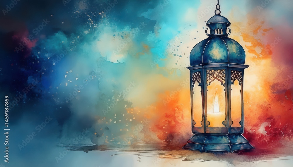 Aufkleber watercolor lantern with glowing light ramadan graphic for web design and print media