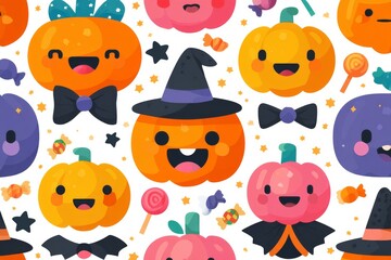 Cute Halloween theme of smiling pumpkin characters with different facial expressions and costumes, surrounded by candies