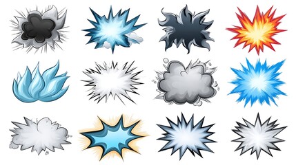 Obraz premium Twelve Colorful Comic Book Explosion and Impact Effects Graphics
