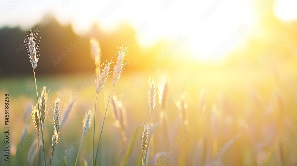 Poster golden hour sunlight illuminates tall grass and wheat stalks in a field, creating a warm and peacefu