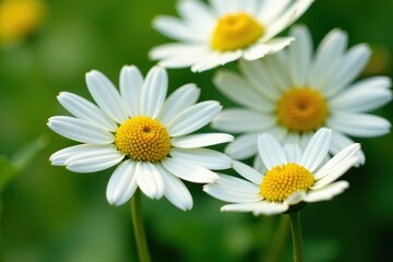 Fototapeta premium Close-up of individual roman chamomile flower heads with delicate petals and center details, close-up, garden