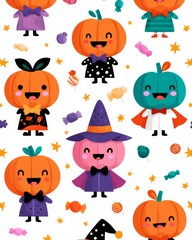 Naklejka premium Cute Halloween theme of smiling pumpkin characters with different facial expressions and costumes, surrounded by candies