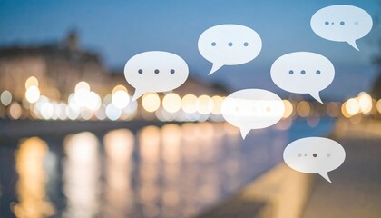 Night Cityscape with Floating Chat Bubbles Communication and Urban Scene