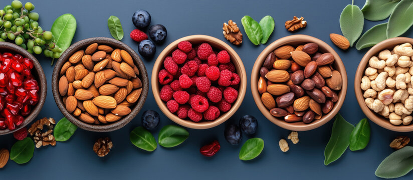 Healthy food promoting wellbeing with nuts, berries, and pomegranate seeds