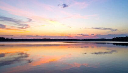 Obraz premium Serene Sunset over Calm Lake Water Reflecting Colorful Sky at Dusk