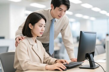 Asian Business Colleagues Collaborating On Project At Computer In Bright Modern Office Space