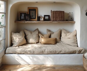 Cozy sunlit alcove daybed with linen cushions, rustic shelf, and window view