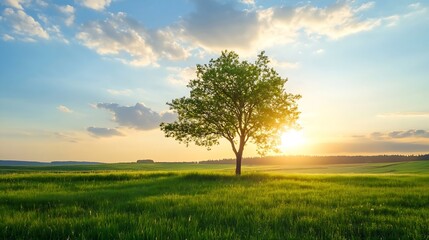 Fototapeta premium Solitary tree in vibrant green field at sunset, bathed in golden sunlight, idyllic peaceful landscape under a partly cloudy sky. : Generative AI