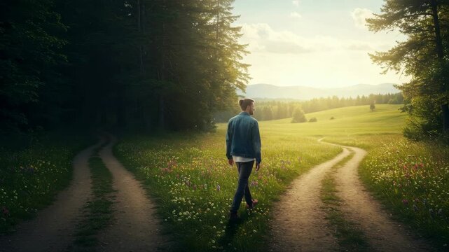 Man Facing a Crossroads in a Serene Landscape - A young man stands at a fork in the road, contemplating his choices.  One path leads into a dark forest, the other into a sunlit meadow