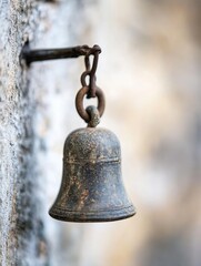Obraz premium Close-up of a weathered, dark-grey metal bell hanging on a rusty chain attached to an old stone wall, showing texture and age. : Generative AI