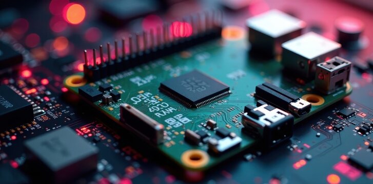 Close-up of Raspberry Pi CCT board's circuitry and wiring, machinery, electronics