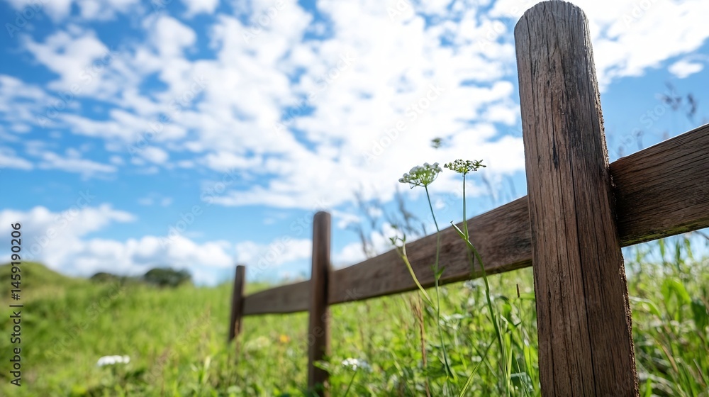 Poster close-up view of a rustic wooden fence post in a vibrant green field under a bright, partly cloudy s