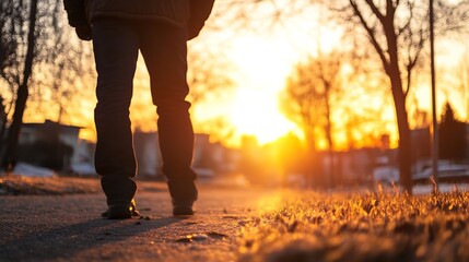 Fototapeta premium Person walking away from the camera at sunset, legs and feet in focus, warm golden light, blurry background of trees and houses. : Generative AI