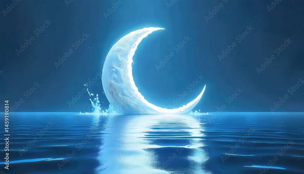 Poster glowing crescent moon over water ramadan graphic for web design and branding