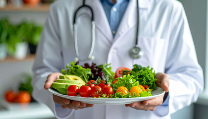 a person wearing a white lab coat, who appears to be a healthcare professional such as a nurse or doctor, holding a plate filled with fresh vegetables like broccoli, carrots, and lettuce