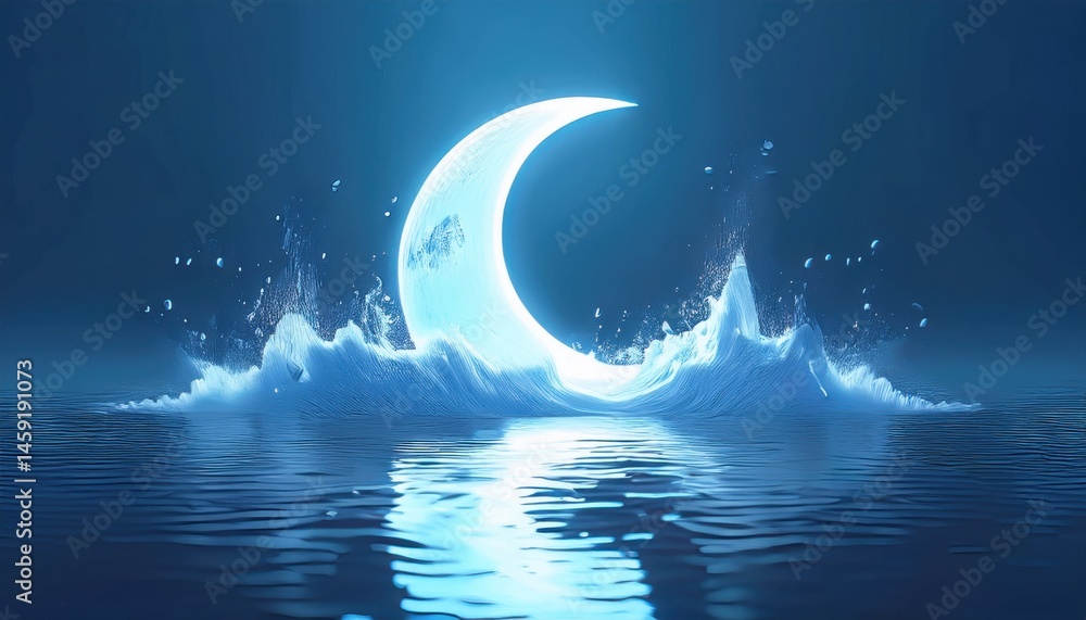 Aufkleber glowing crescent moon over water ramadan graphic for web design and branding