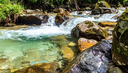 Naklejka premium Crystal Clear Mountain Stream Water Flowing Over Smooth Rocks in a Lush Forest