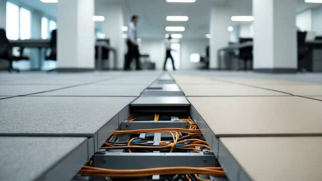 Building interior raised floor system installed to create space for data, power, and network cabling beneath the floor.